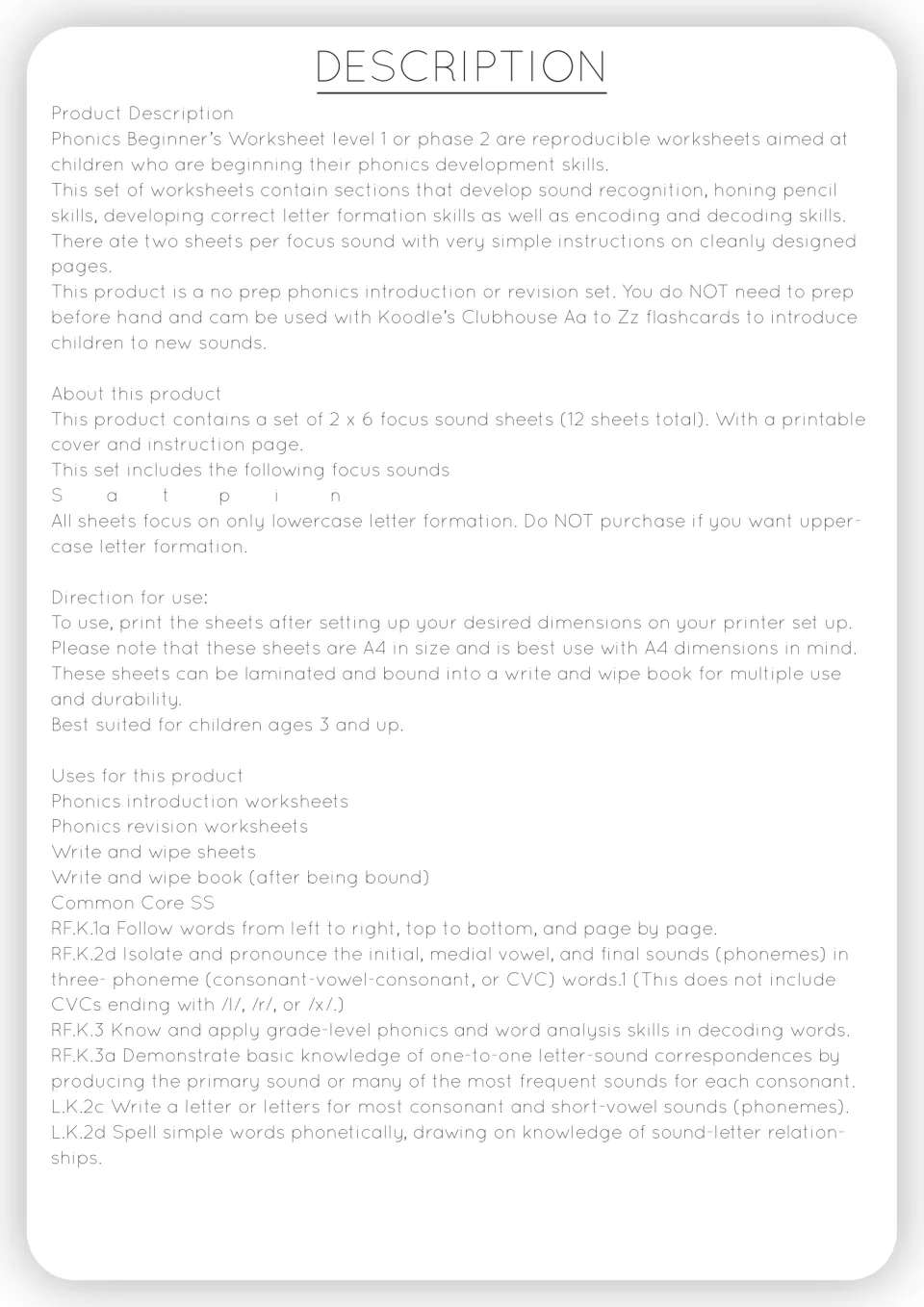 Product description listing the six focus sounds s, a, t, p, i, n, directions for printing and Common Core codes