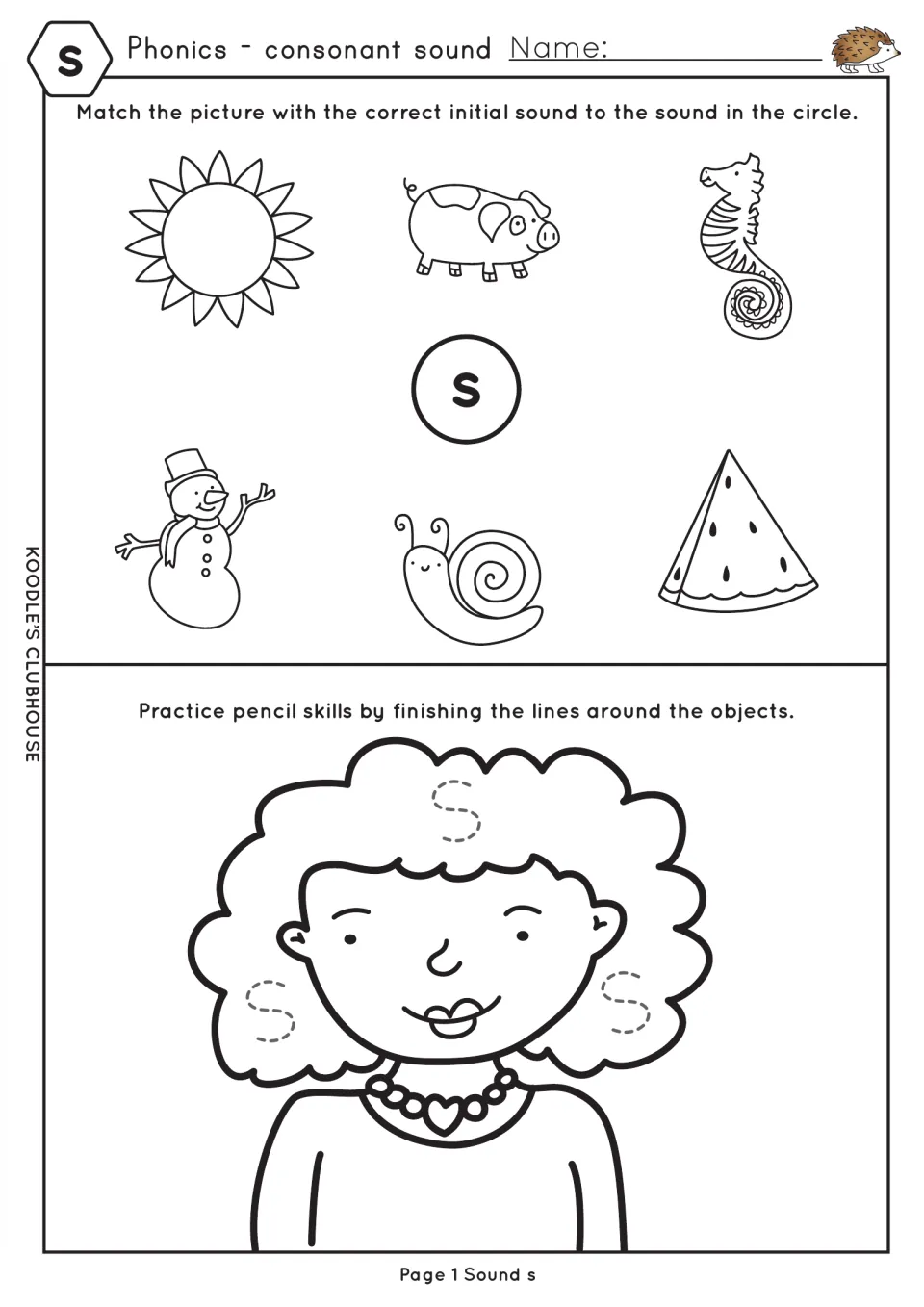 Sound s: students match sun, snowman, snail and seahorse to the s circle, then trace dashed s shapes on a girl's hair