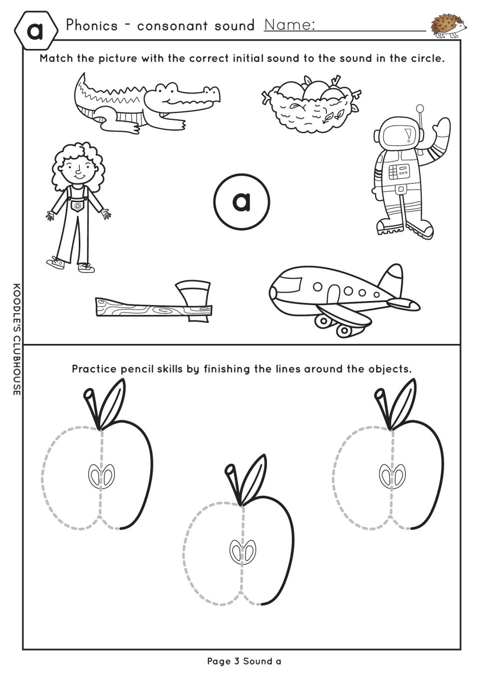 Sound a: students match alligator, astronaut, axe and airplane to the a circle, then finish tracing three apple outlines
