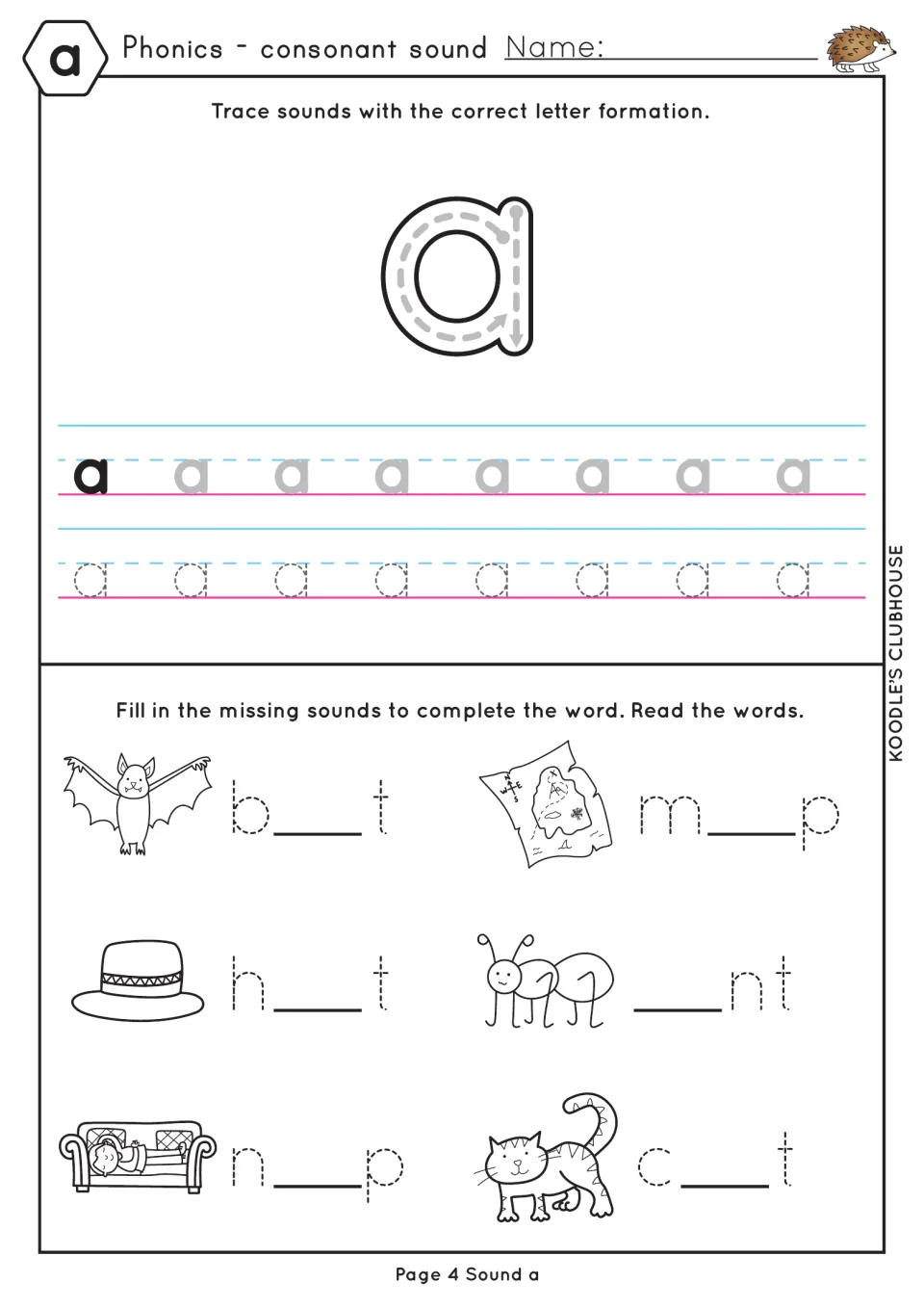 Short a formation: students trace lowercase a, then add the missing a to spell bat, map, hat, ant, nap and cat