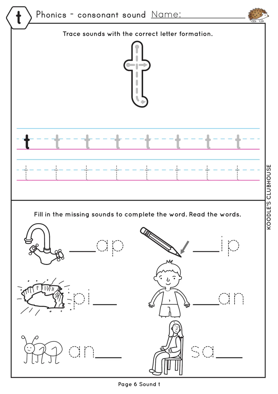 Sound t letter formation: students trace lowercase t, then write t to finish tap, tip, pit, tan, ant and sat