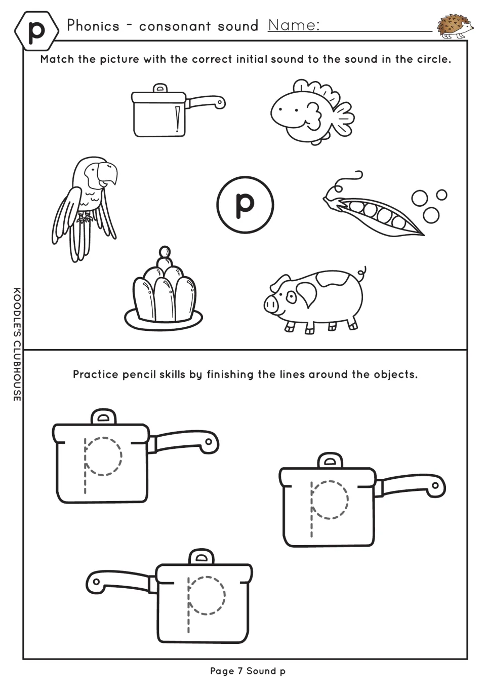 Sound p: students match pan, parrot, pea pod and pig to the p circle, then trace dashed p shapes on three saucepans
