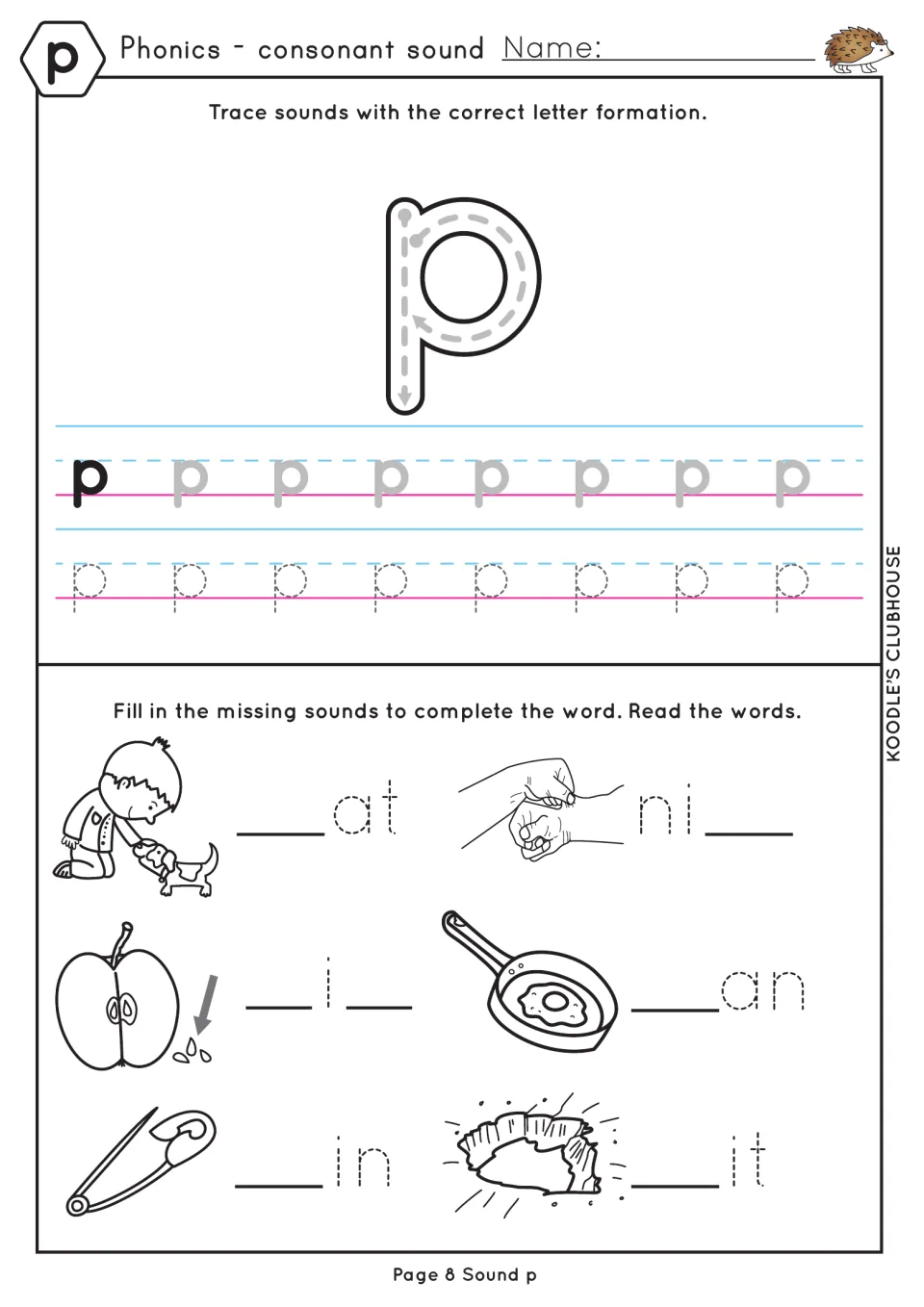 Sound p formation: students trace lowercase p, then write p to spell pat, nip, pip, pan, pin and pit