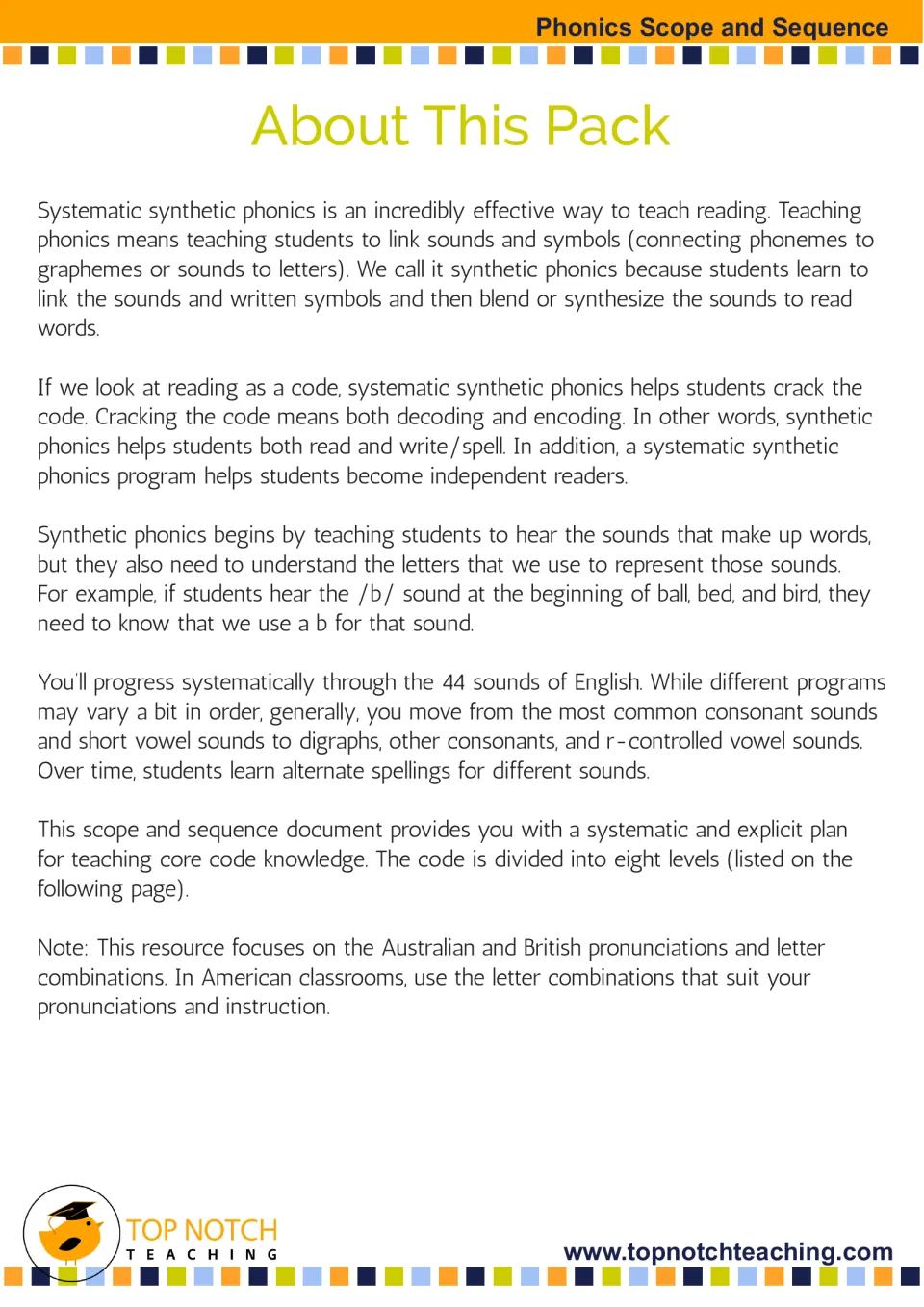 About This Pack: explains systematic synthetic phonics, linking sounds to letters, and moving through 44 English sounds