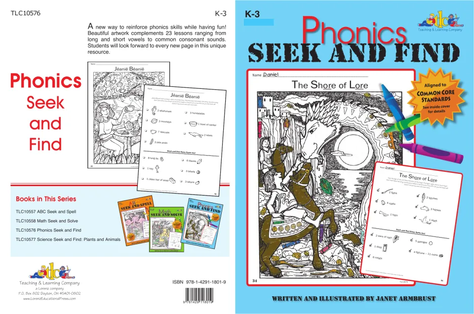 Phonics Seek and Find cover, front and back, with 'The Shore of Lore' seek-and-find art page and its checklist