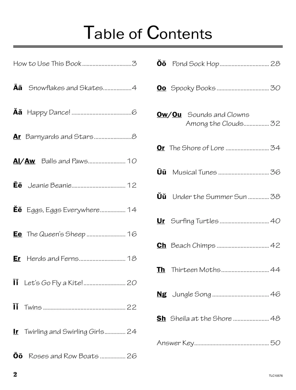 Table of contents: 23 sound lessons, from long a 'Snowflakes and Skates' to sh 'Sheila at the Shore'