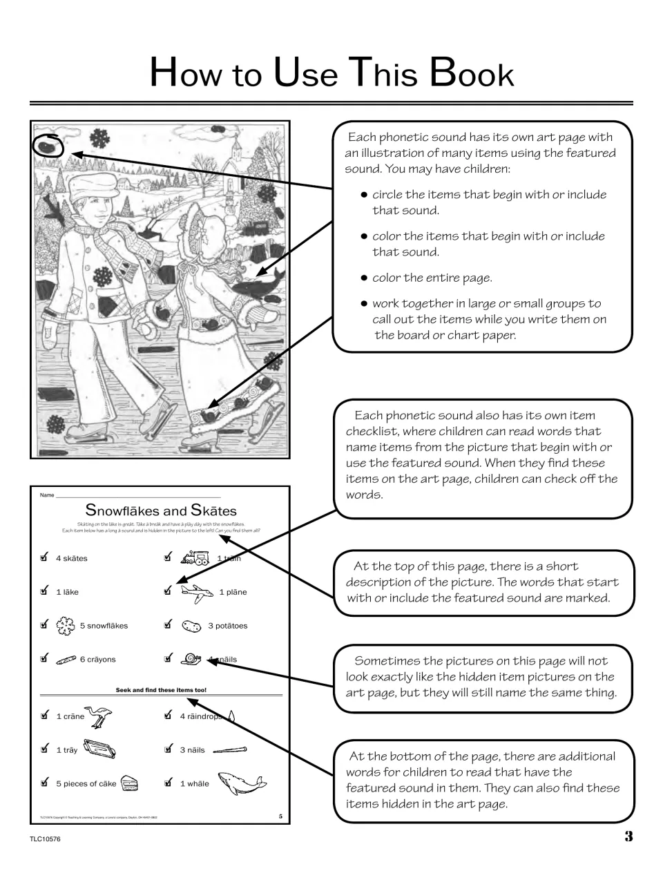 How to Use This Book: each sound has an art page and an item checklist; children circle, color or check off items