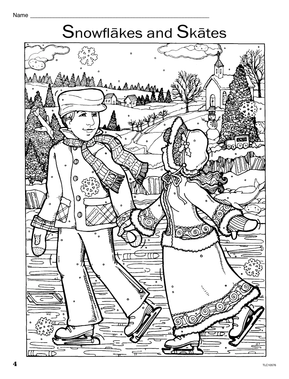 Long a art page 'Snowflakes and Skates': two children skating on a lake with hidden snowflakes, snails and a train