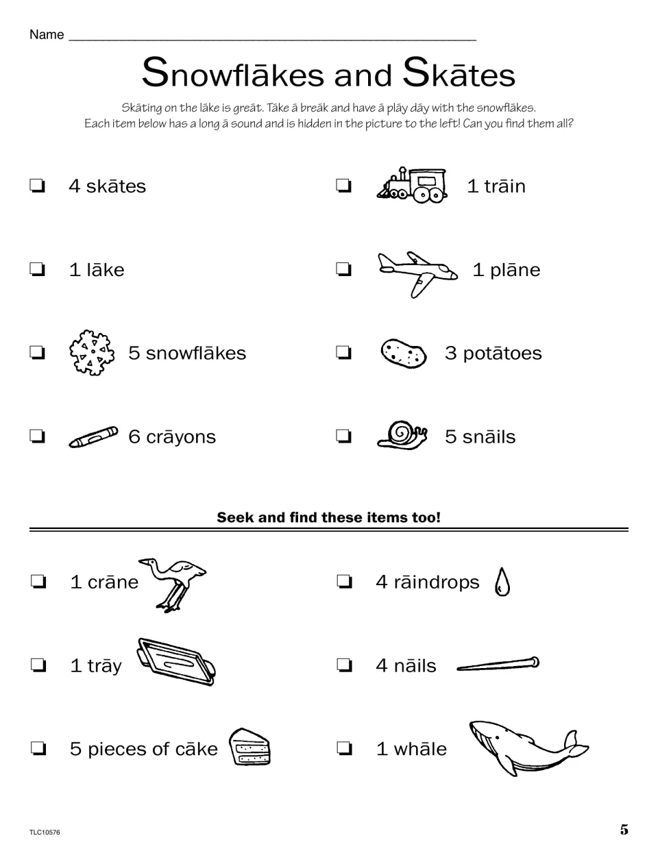 Long a checklist: 4 skates, 1 lake, 5 snowflakes, 6 crayons, 1 train, 1 plane and 8 more items to find