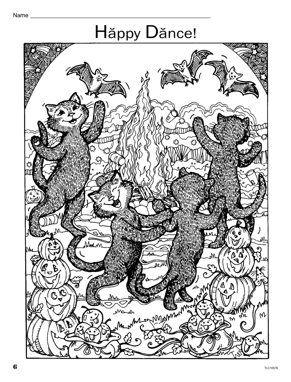 Short a art page 'Happy Dance!': four cats dancing around a campfire with bats, jack-o'-lanterns and apples