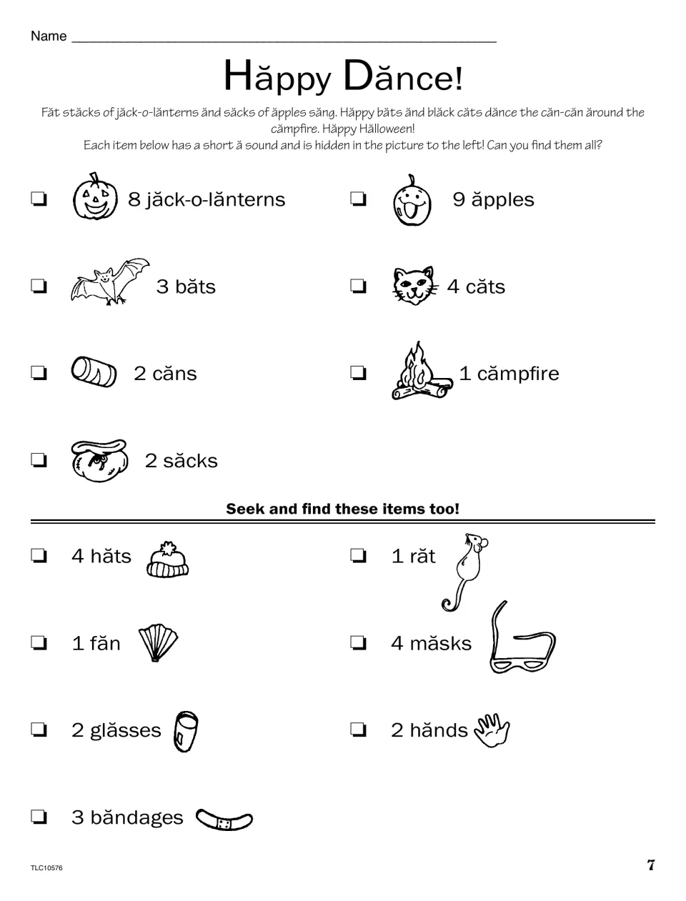 Short a checklist: 8 jack-o'-lanterns, 9 apples, 3 bats, 4 cats, 2 cans and 9 more items to find