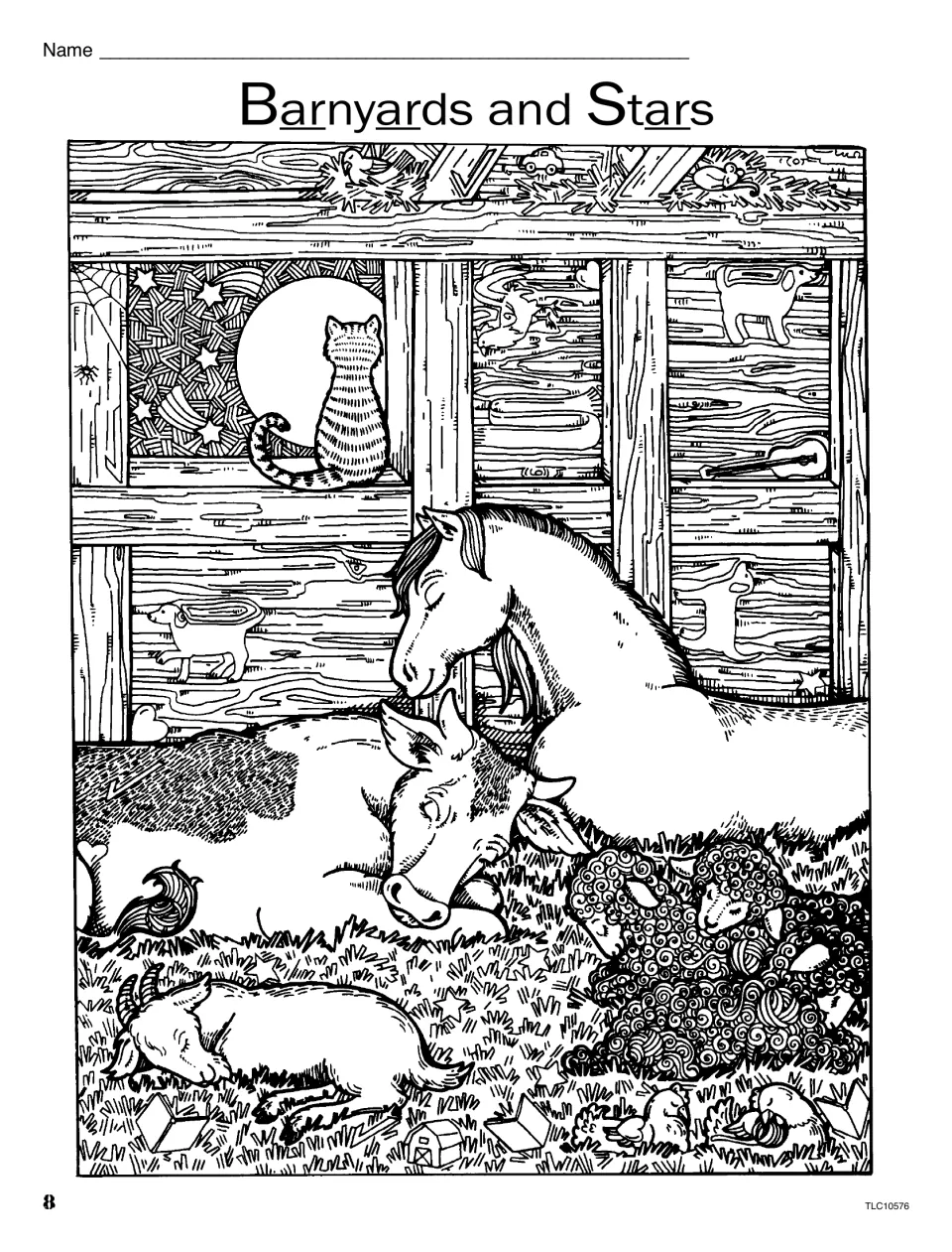 Ar art page 'Barnyards and Stars': a horse, cow, sheep and goat sleeping in a barn under a starry window