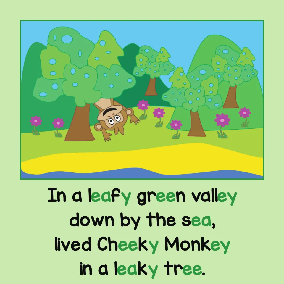 Long E story: Cheeky Monkey lives in a leaky tree; ea, ee, y and ey in leafy, green, valley and sea are shown in green