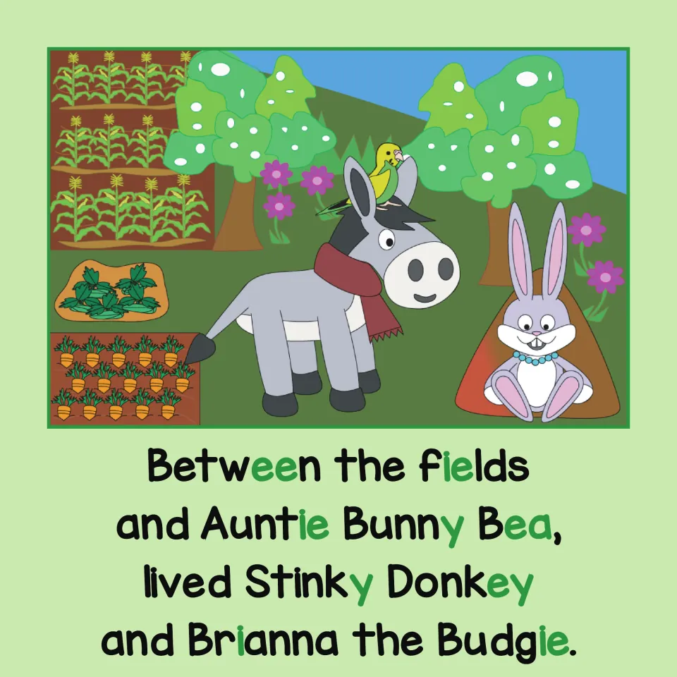 Long E story: Auntie Bunny Bea, Stinky Donkey and Brianna the Budgie; ie, ee, y, ey and ea spellings appear in green