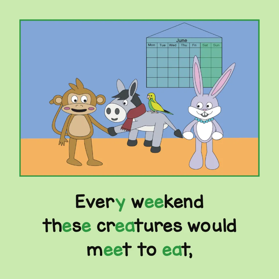 Long E story: the friends meet every weekend to eat; green letters mark long E in every, weekend, these, creatures and eat