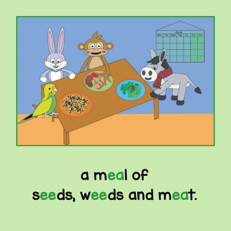 Long E story: the animals share a meal of seeds, weeds and meat, with the ea and ee spellings of long E printed in green