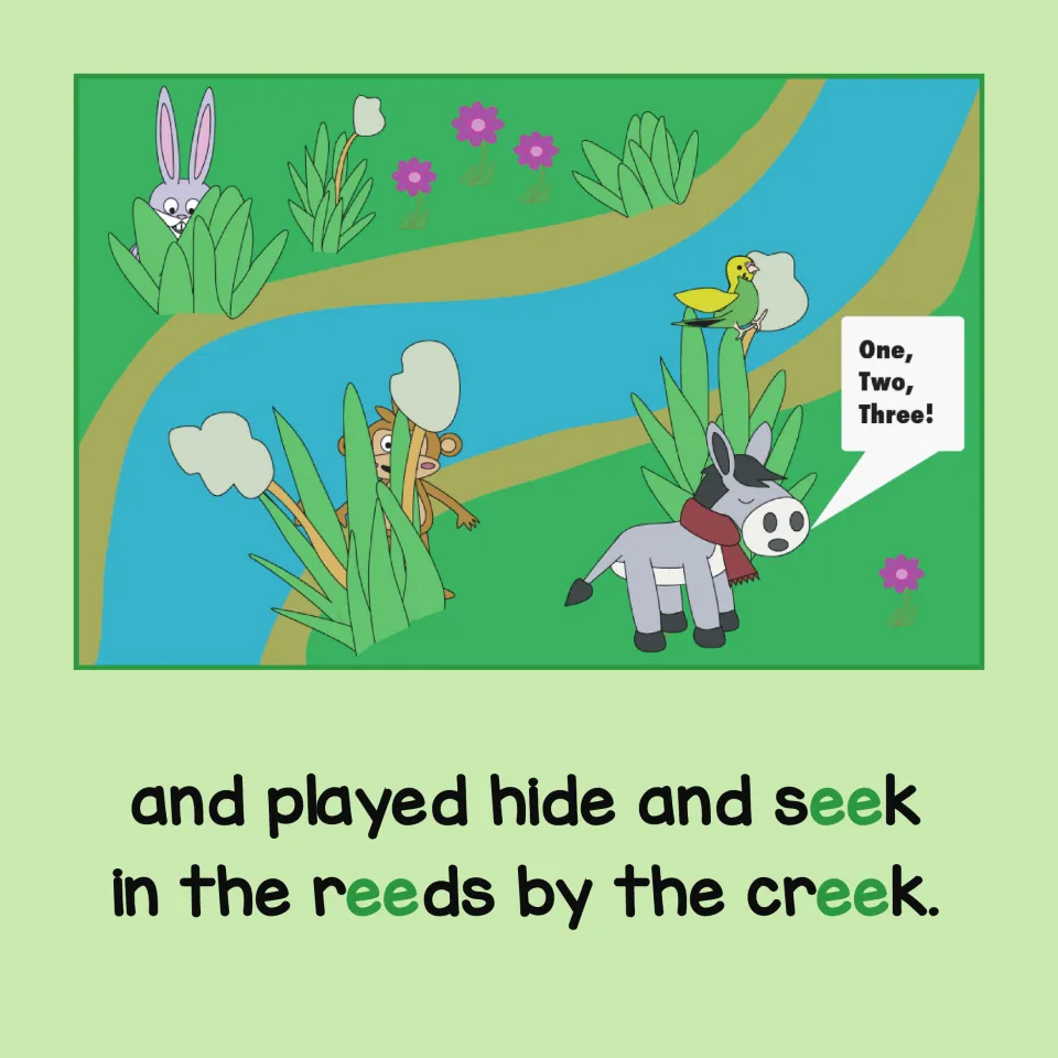 Long E story: they play hide and seek in the reeds by the creek; the ee in seek, reeds and creek is printed in green