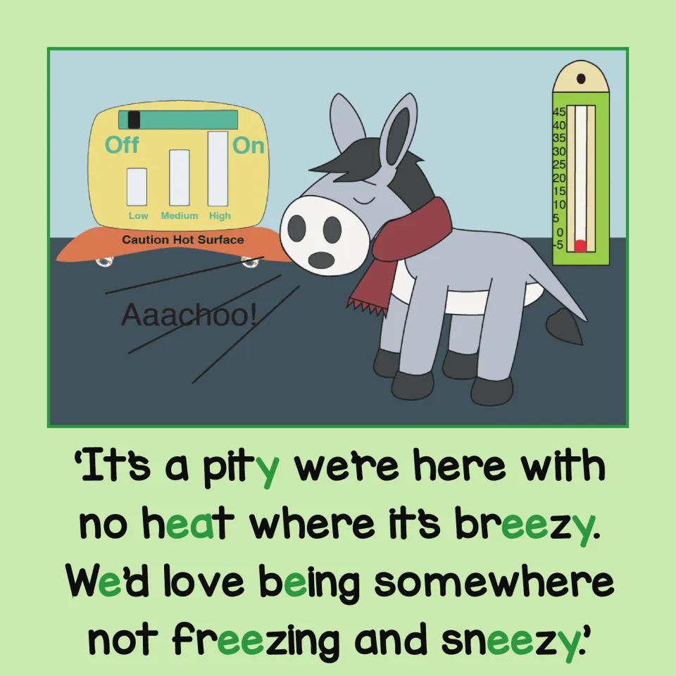 Long E story: Stinky Donkey sneezes and complains of no heat, wanting to be somewhere not freezing; long E letters in green