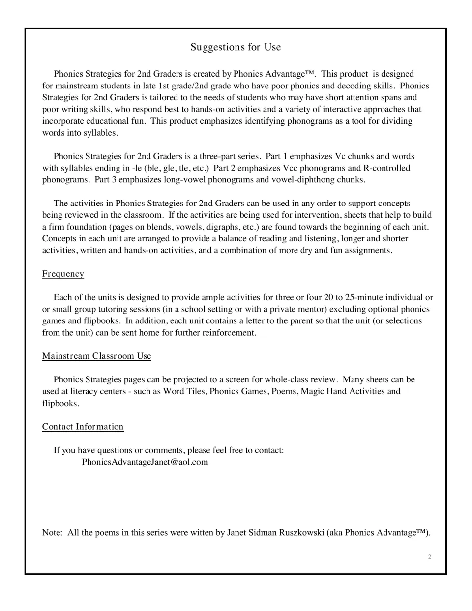 Suggestions for use: three-part series focus, session frequency, classroom center ideas and author contact details