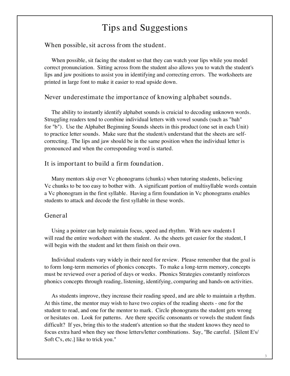 Tips and suggestions for tutors: sitting across from the student, alphabet sound practice, Vc chunks and using a pointer