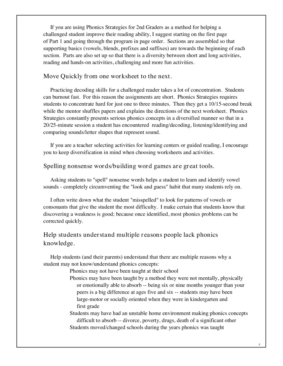 Tutor guidance on moving quickly between sheets, spelling nonsense words and reasons students may lack phonics skills