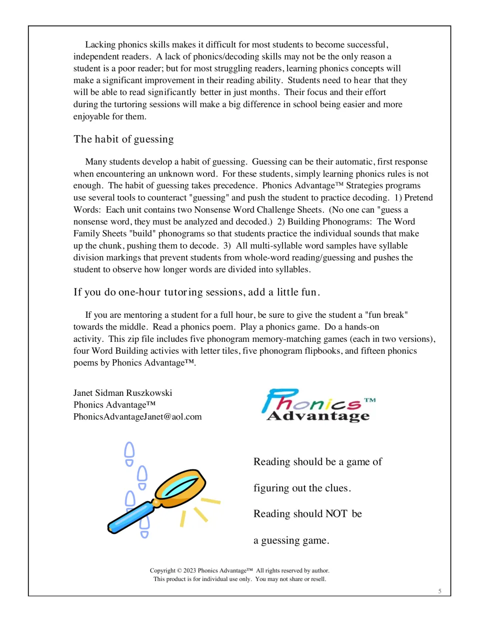 Notes on breaking the habit of guessing with nonsense words and word building, plus fun-break ideas for hour-long sessions