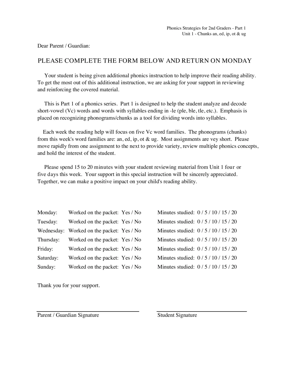 Parent letter for Unit 1 chunks an, ed, ip, ot and ug with a weekly log of days practised, minutes studied and signatures