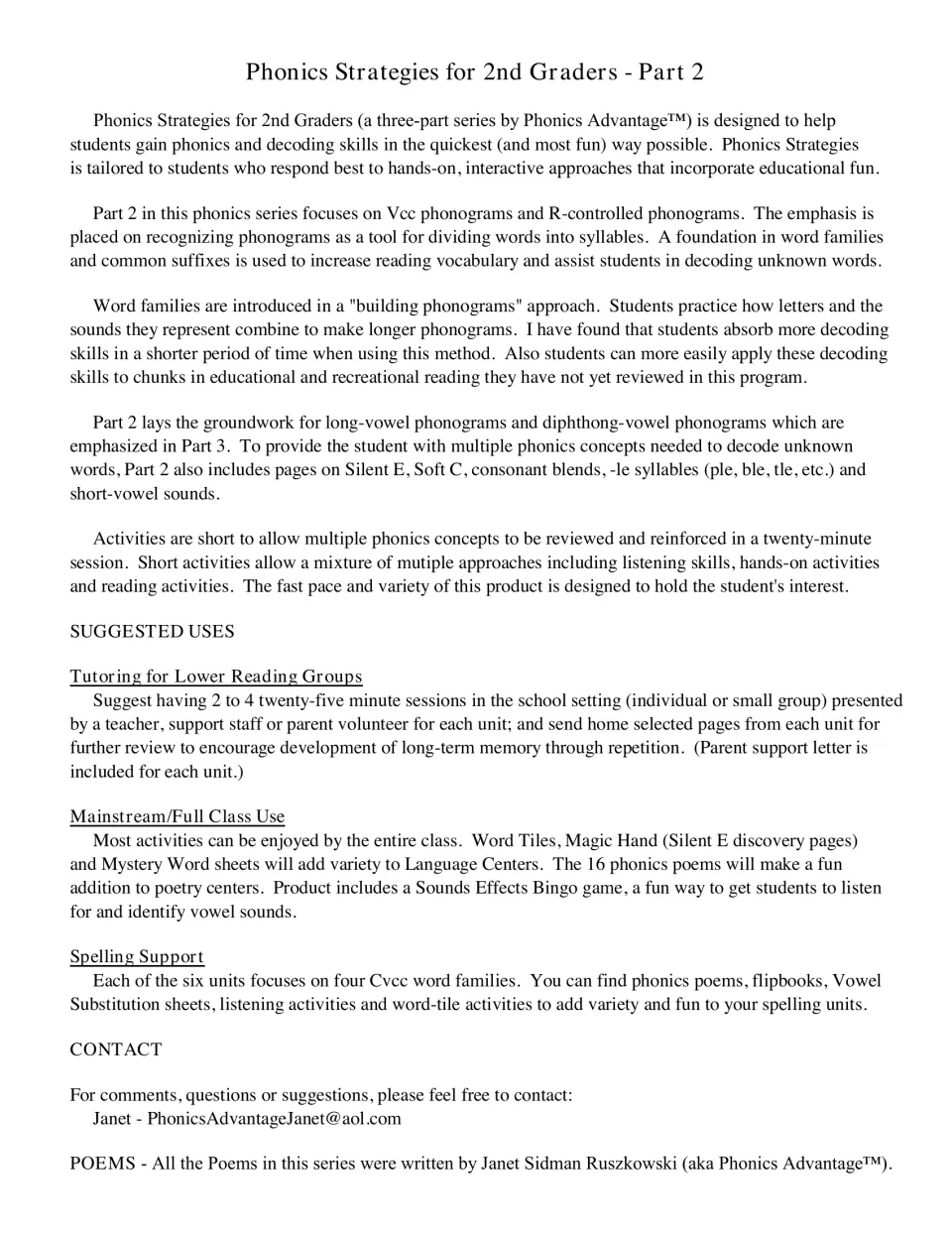 Series overview: Part 2 covers Vcc and R-controlled phonograms, with suggested uses for tutoring, full class and spelling