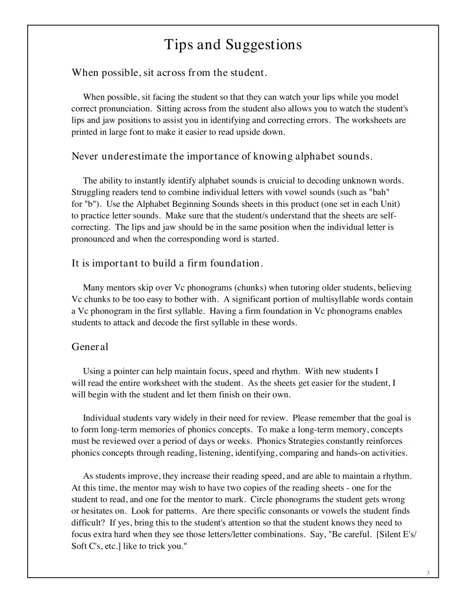 Tips and Suggestions for mentors: sitting across from the student, practising alphabet sounds and building Vc chunk basics