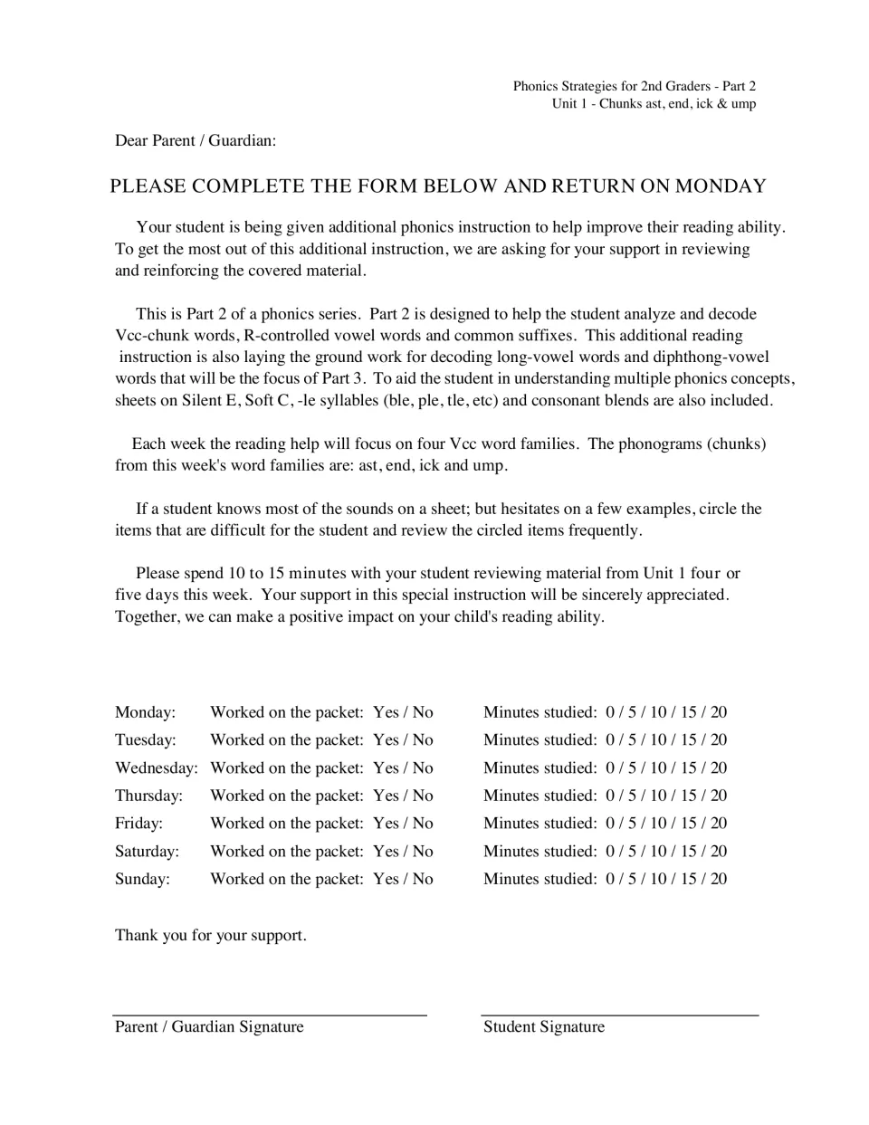 Unit 1 parent letter on this week's four word-family chunks, with a daily log of practice minutes and signatures