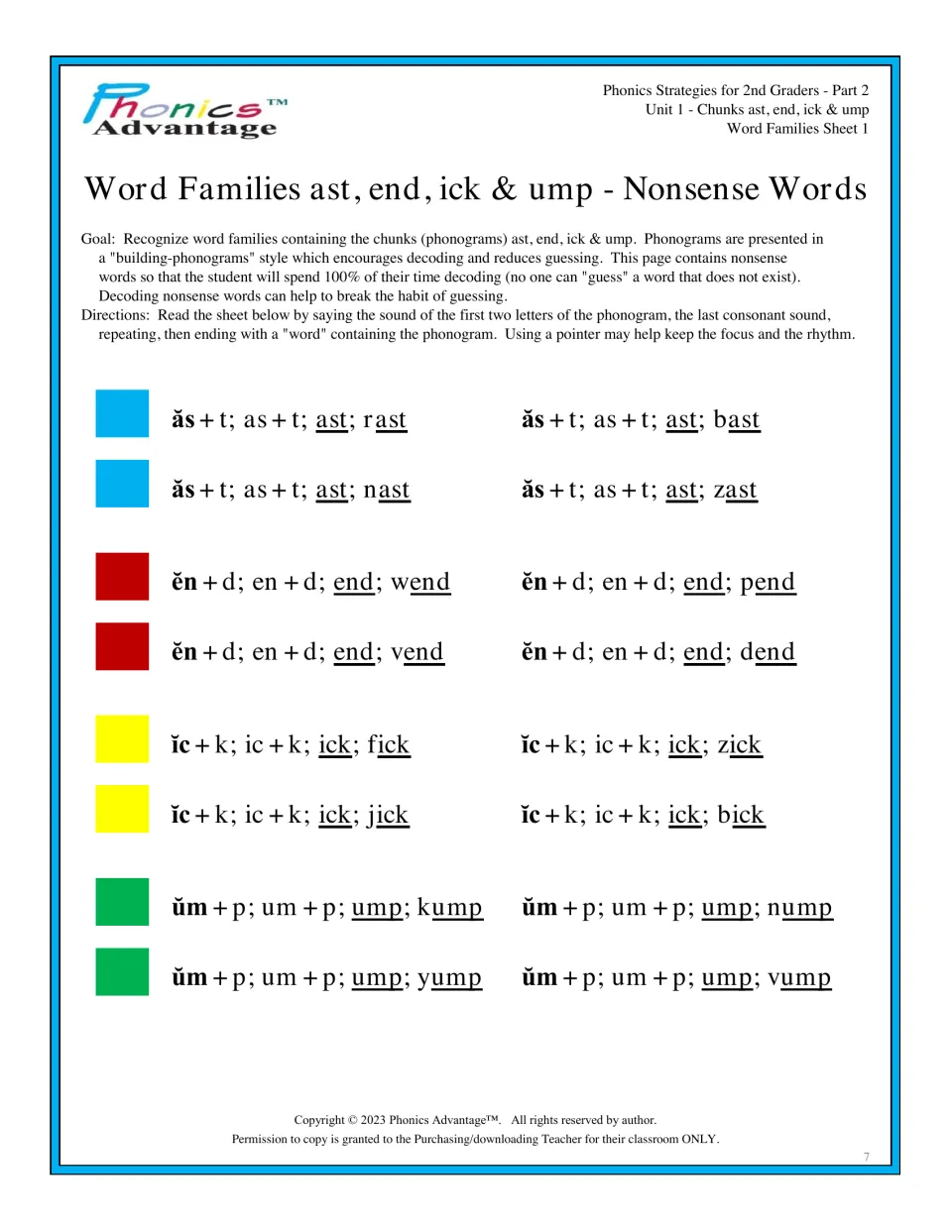 Word families ast, end, ick and ump nonsense words: students build each chunk sound by sound, then read words like rast