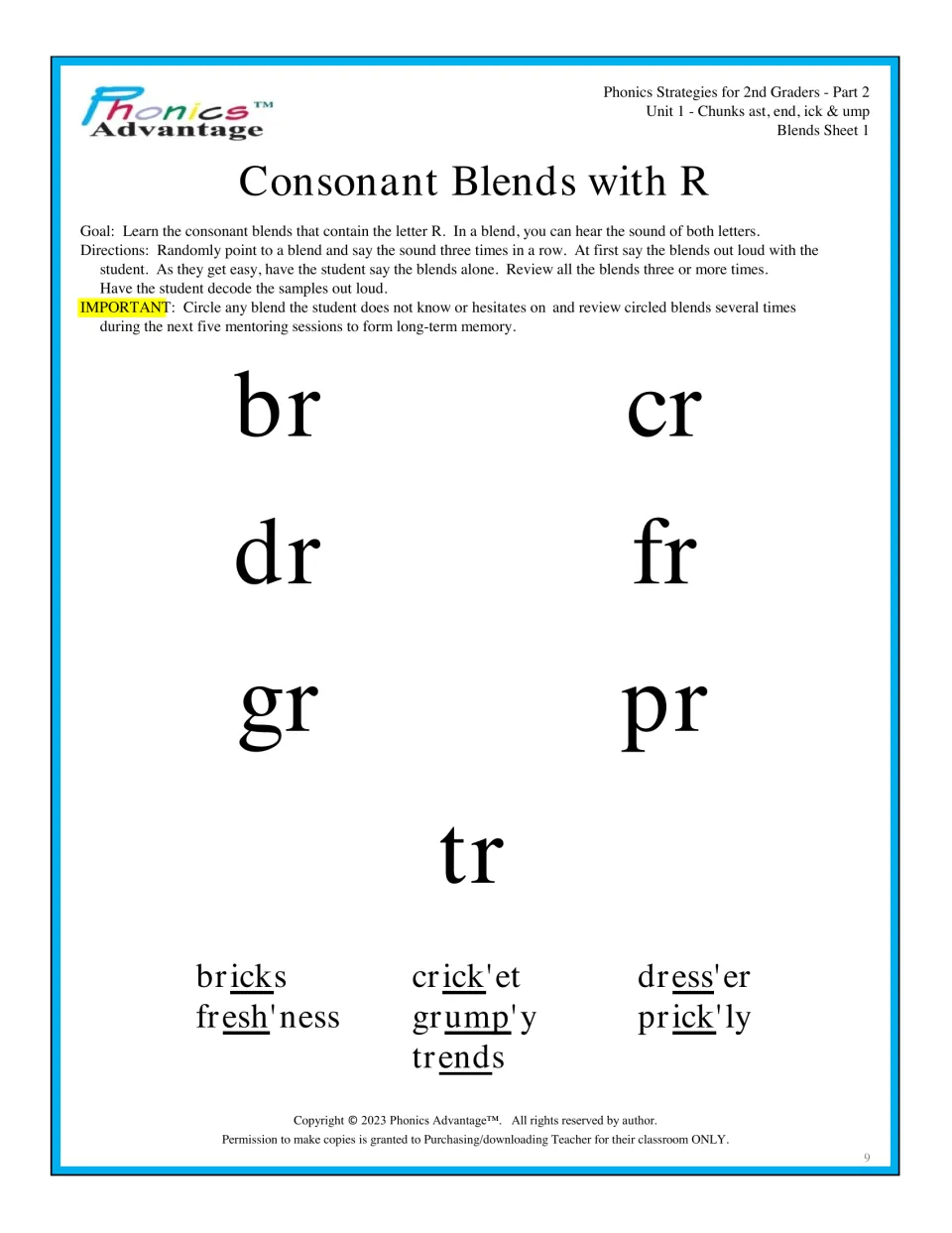 Consonant blends with R: students say br, cr, dr, fr, gr, pr and tr, then decode sample words such as bricks and grumpy