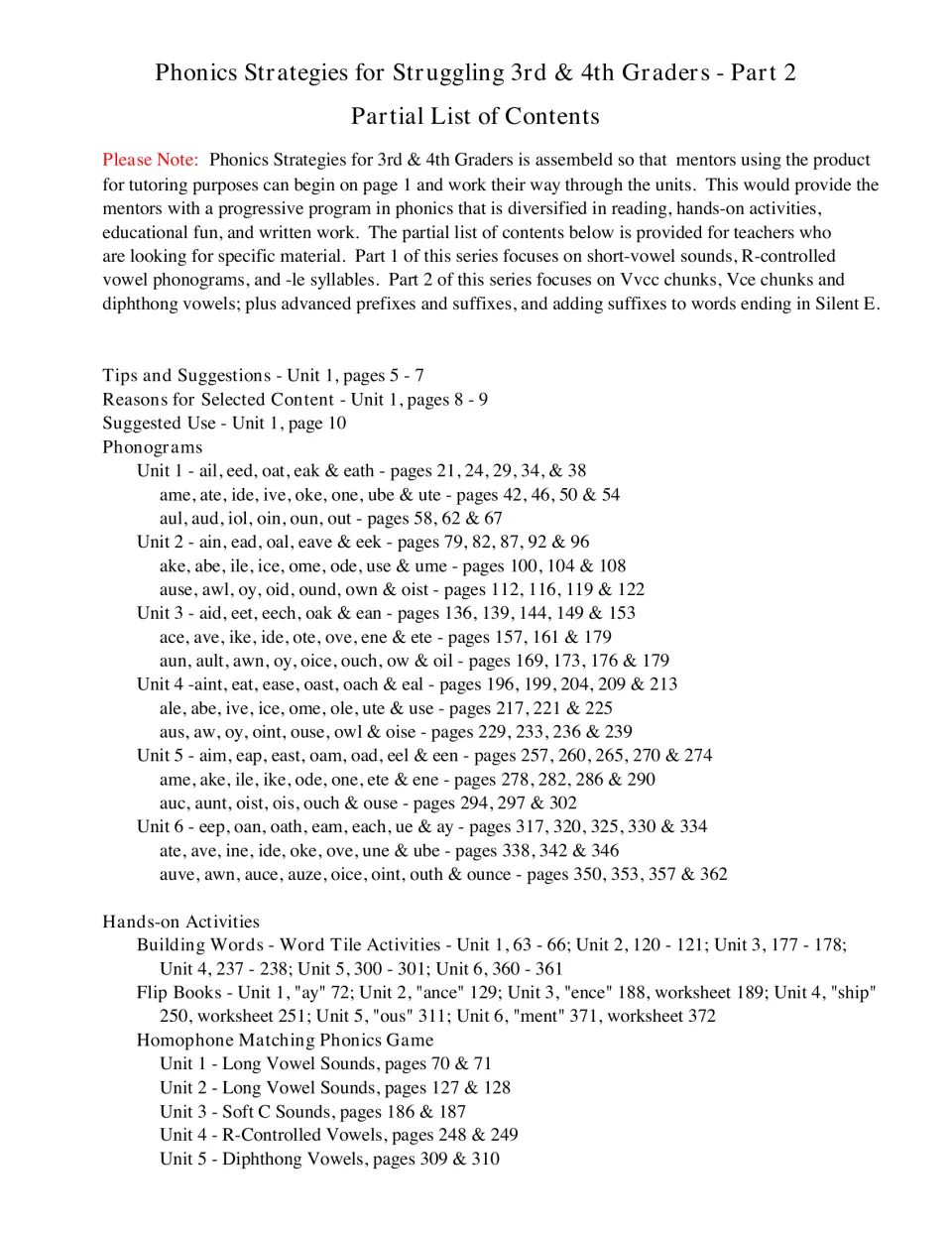Partial contents list: page numbers for phonograms in Units 1 to 6, word tile activities, flip books and homophone games