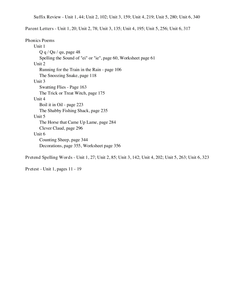 Contents end: suffix review, parent letters, phonics poem titles by unit, pretend spelling words and Unit 1 pretest pages