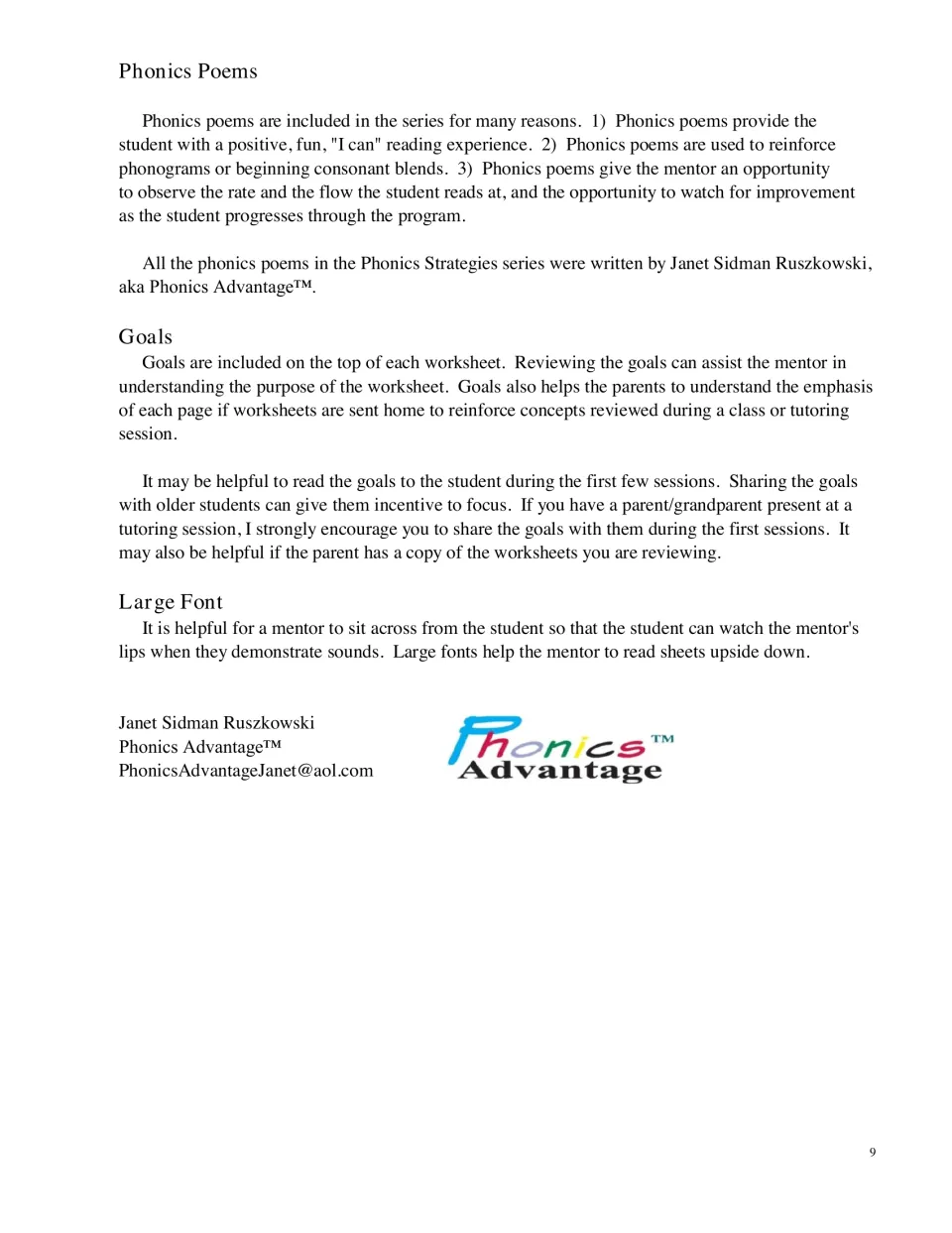 Notes on why phonics poems are included, sharing worksheet goals with students and parents, and the large font for tutors
