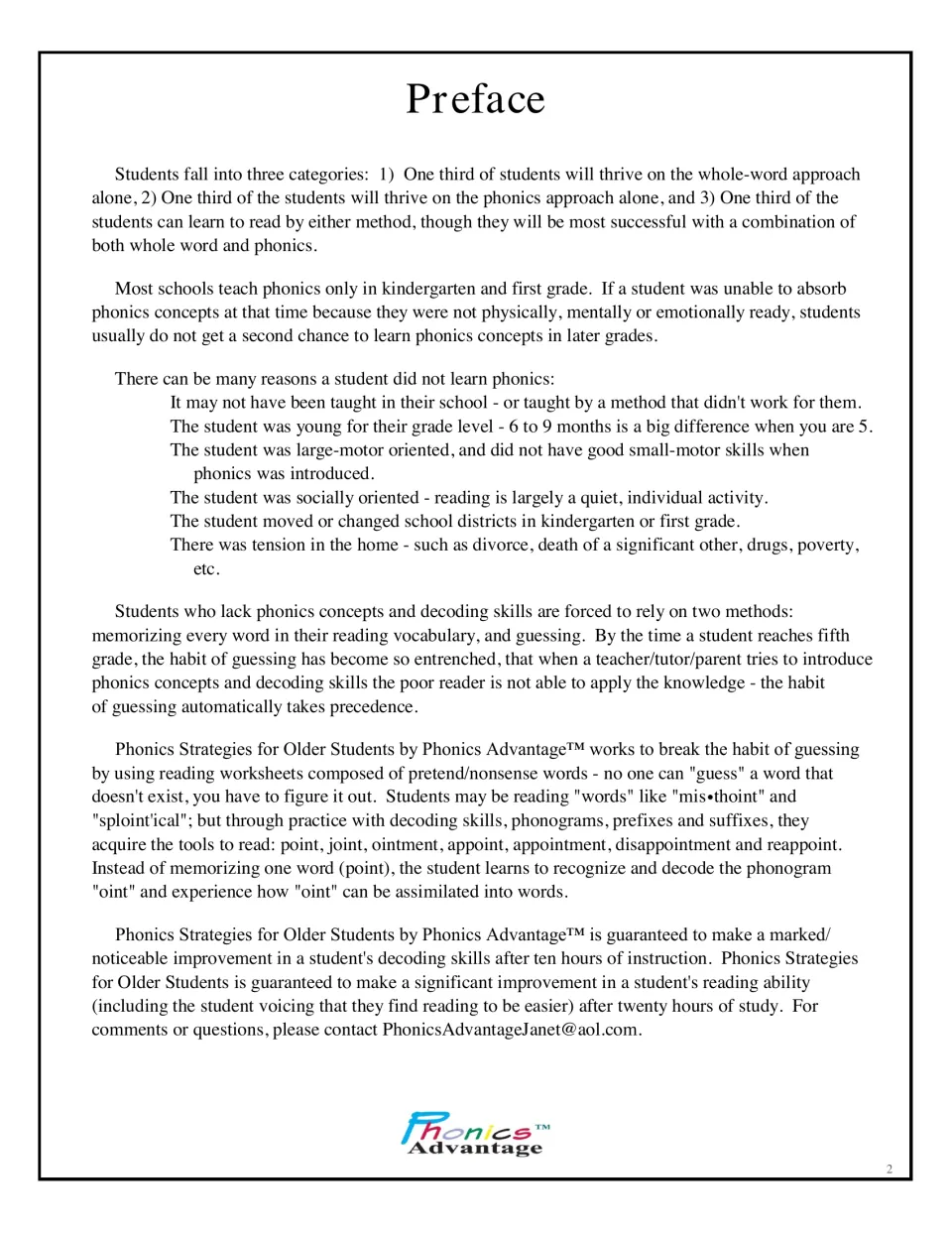 Preface on why older readers miss phonics and how reading nonsense words like mis-thoint targets the guessing habit