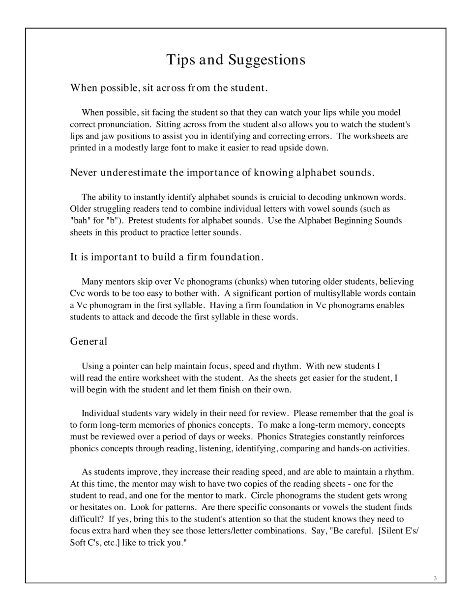 Tips for mentors: sit facing the student, pretest alphabet sounds, build Vc phonogram foundations and track decoding errors