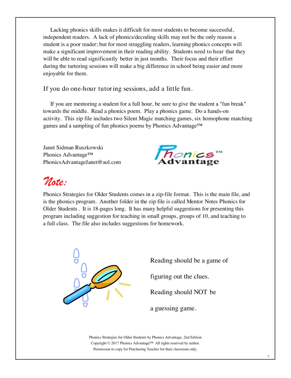 Tips on adding a fun break to hour-long tutoring, a note on the Mentor Notes folder, and a reading-is-not-guessing motto