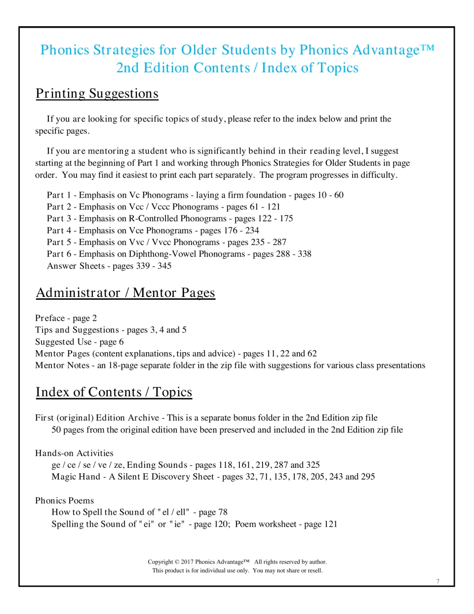 Contents listing six parts by phonogram type with page ranges, mentor pages, hands-on activities and phonics poems