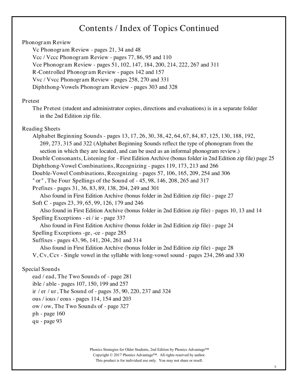 Topic index continued: phonogram reviews, pretest note, reading sheets on soft C, prefixes, suffixes and special sounds