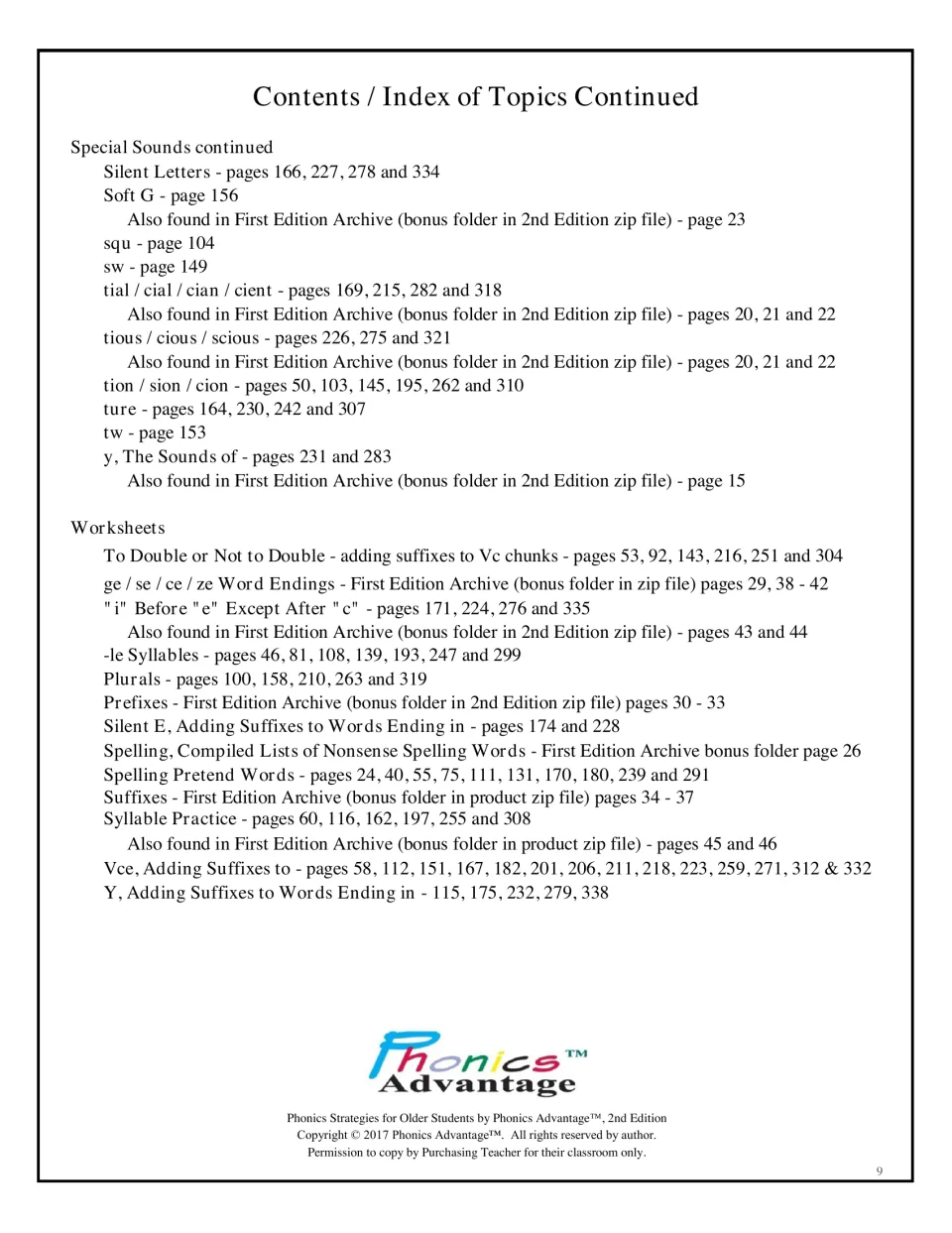 Topic index continued: silent letters, tion/sion, -le syllables, plurals, spelling pretend words and suffix worksheets