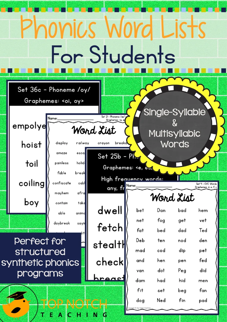 Phonics Word Lists For Students cover: single-syllable and multisyllabic word lists sorted by phoneme and grapheme sets