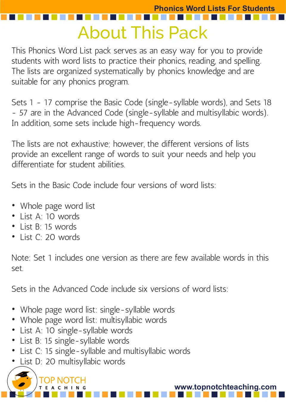 About this pack: Basic Code Sets 1-17 and Advanced Code Sets 18-57, with List A, B, C and D versions of 10 to 20 words