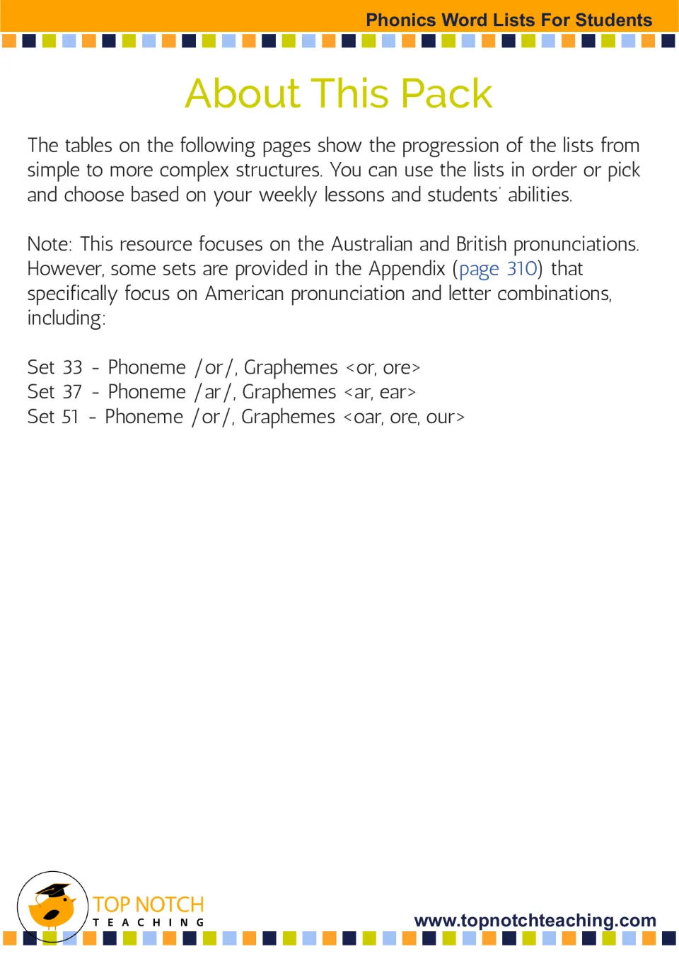 Pack notes: lists run from simple to complex; Australian and British pronunciation, with American sets 33, 37 and 51