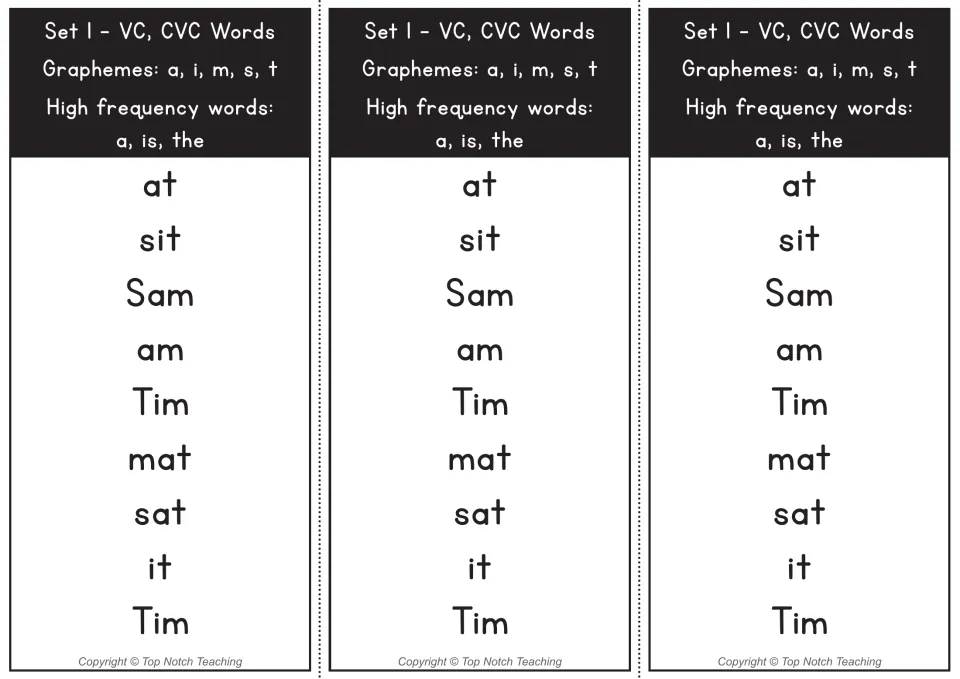 Set 1 VC and CVC words with a, i, m, s, t: three copies of a list (at, sit, Sam, mat) plus high-frequency a, is, the