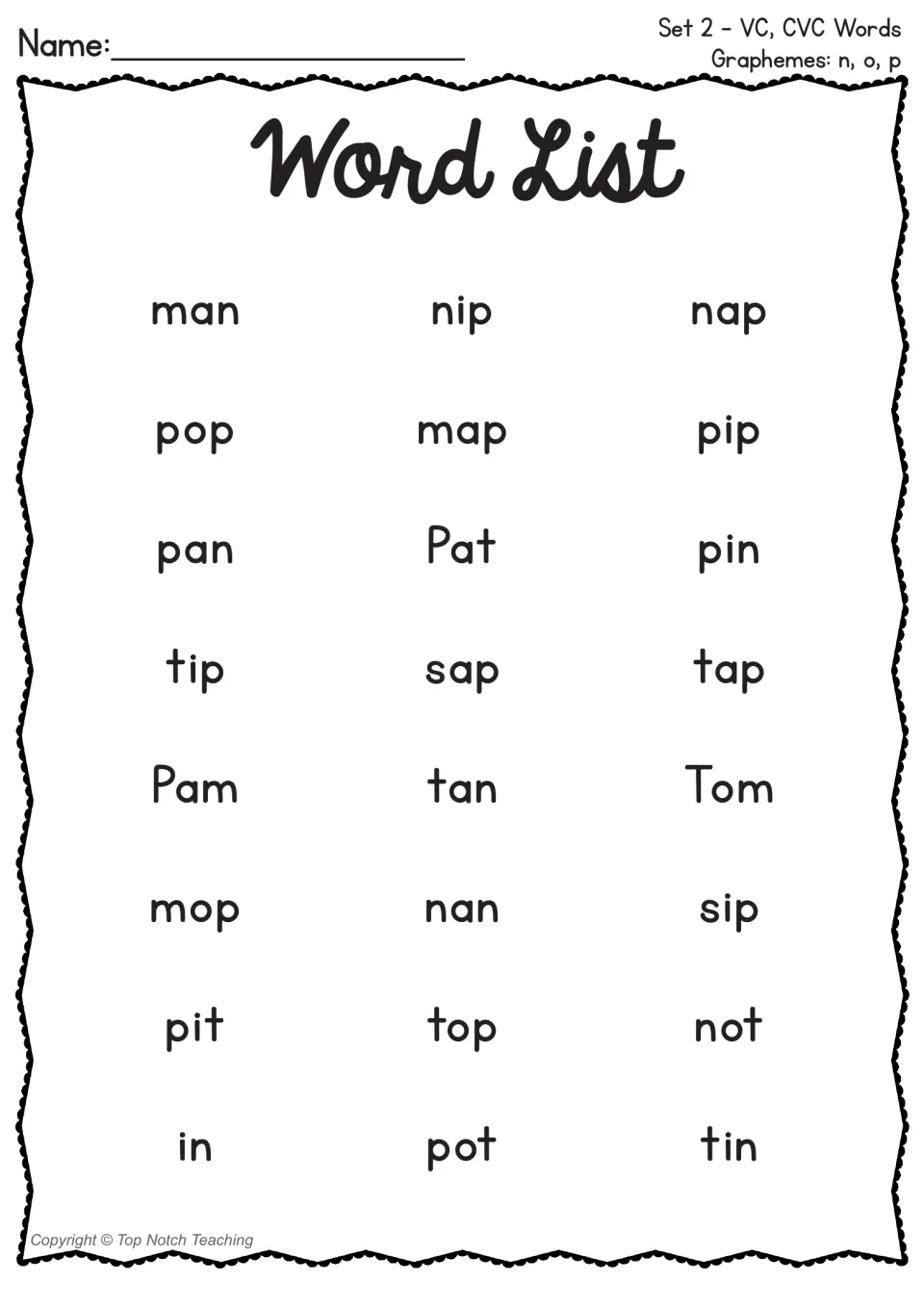 Set 2 Word List: students read 24 VC and CVC words using n, o, p, such as man, nip, pop, map, mop and pot