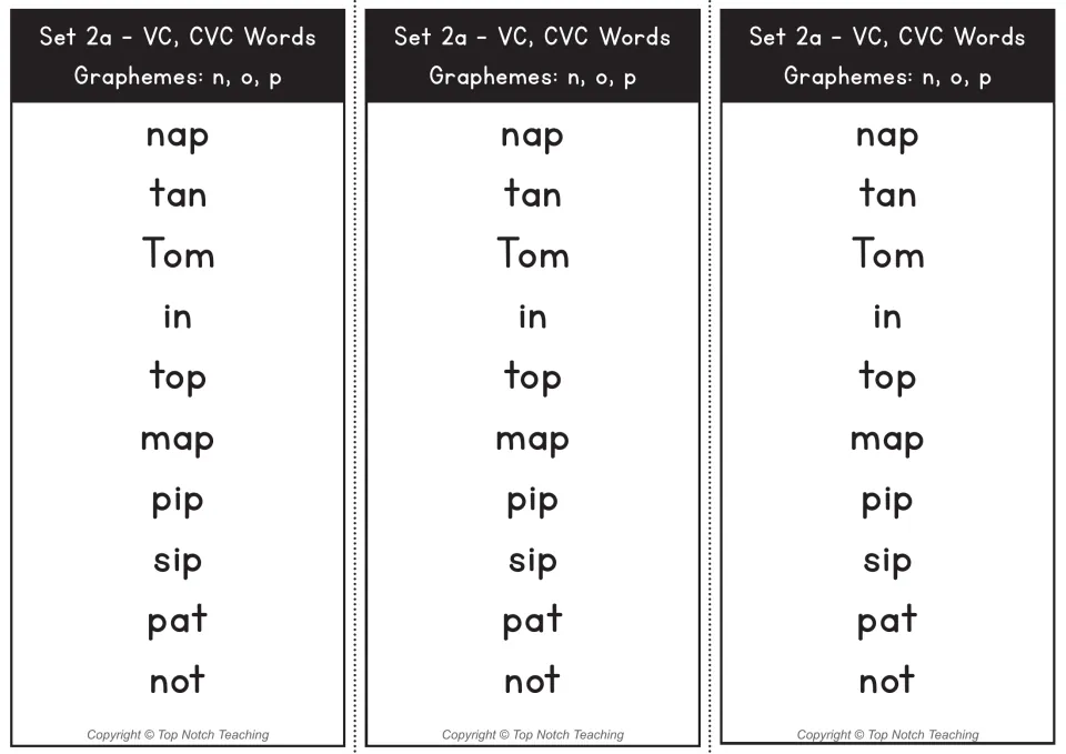Set 2a VC and CVC words with n, o, p: three copies of a 10-word reading list, from nap, tan and Tom down to pat and not