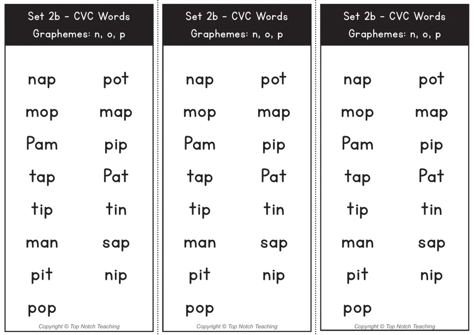 Set 2b CVC words with n, o, p: three copies of a 15-word reading list including nap, pot, mop, map, Pam, tip and pop