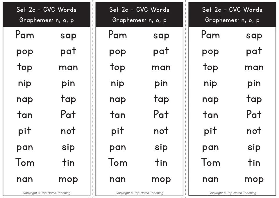 Set 2c CVC words with n, o, p: three copies of a 20-word reading list including Pam, sap, pop, pat, Tom, tin, nan and mop