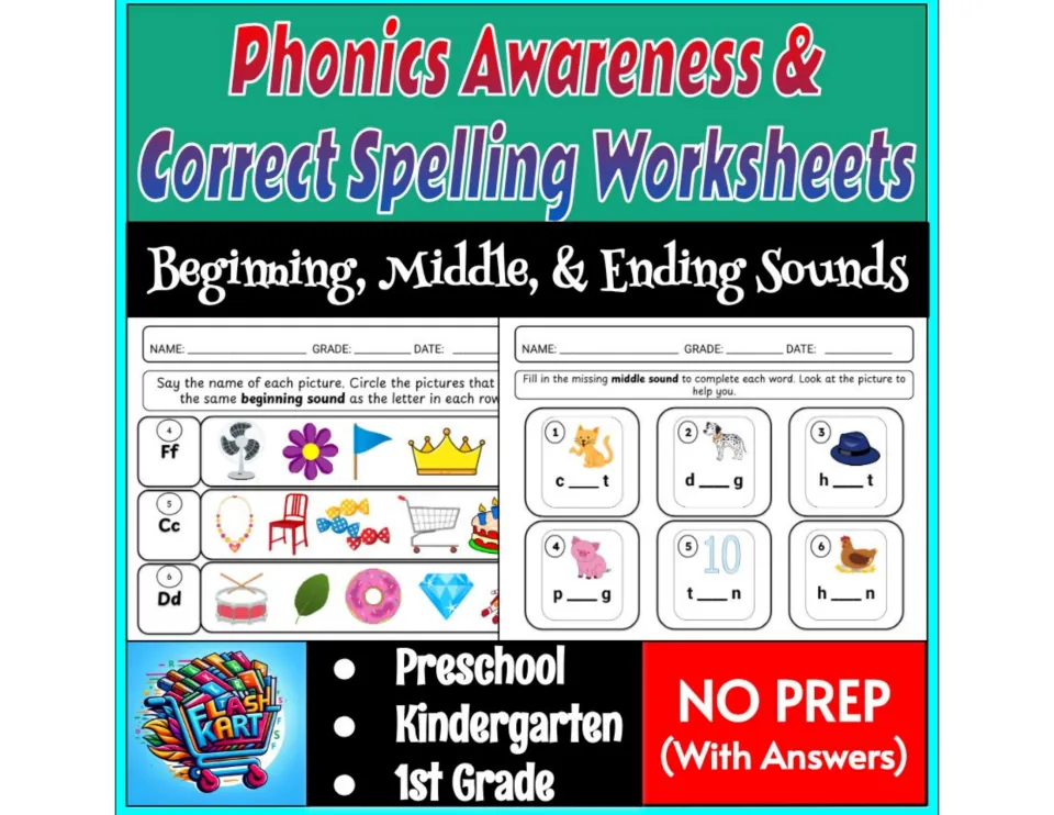 Cover: Phonics Awareness & Correct Spelling Worksheets on beginning, middle and ending sounds, with two sample pages